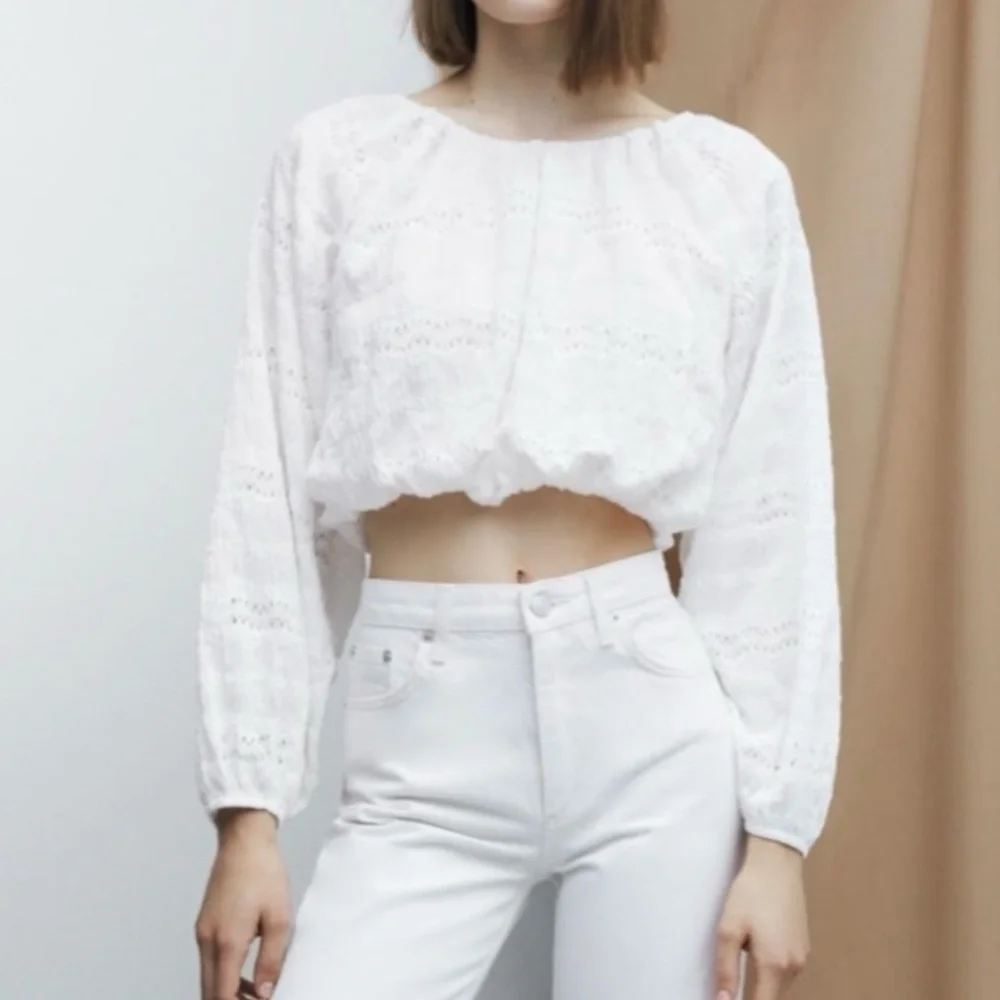 Zara White  Voluminous Women's Crop Top Blouse Size M